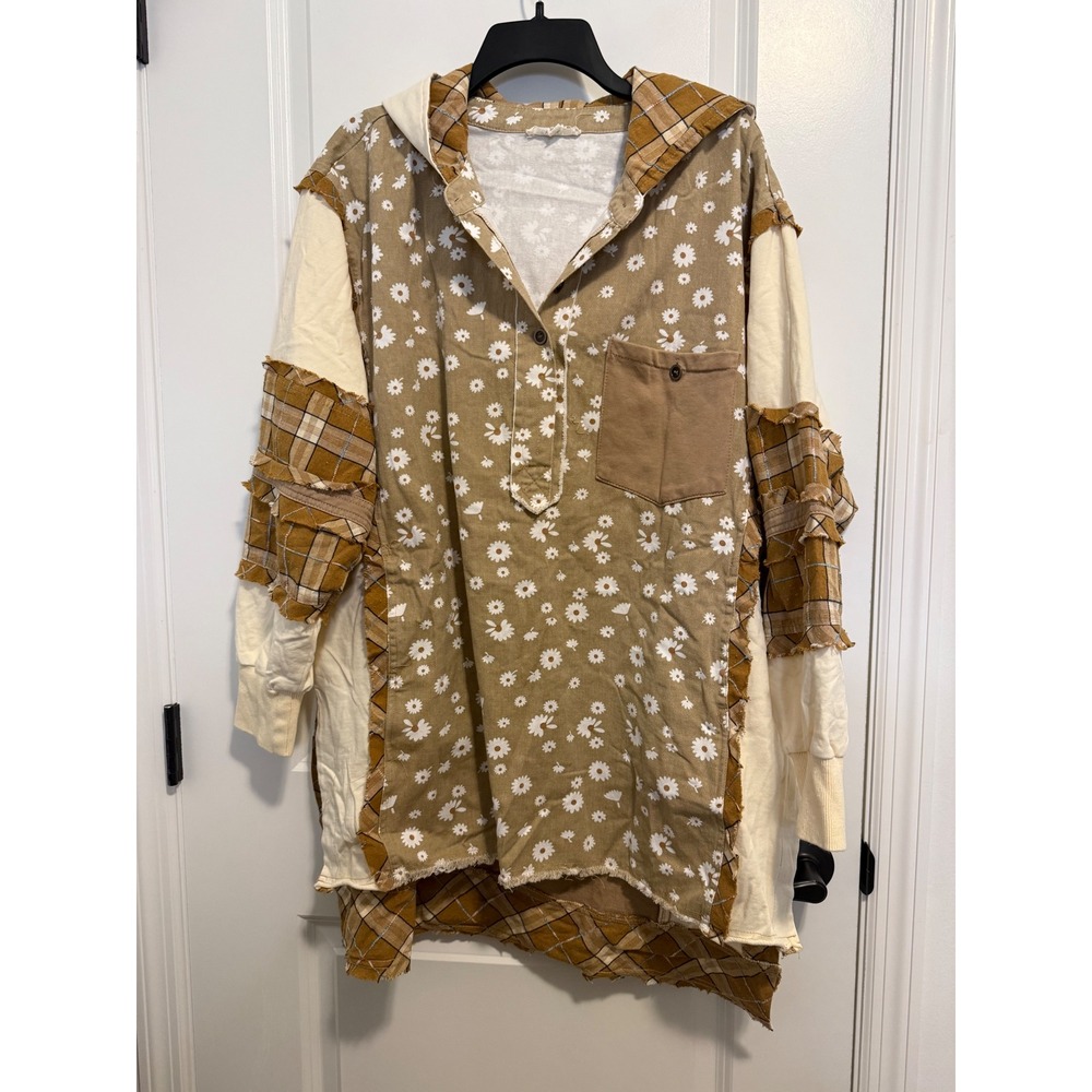 Blue Velvet Patchwork Hoodie Women SM Tan Daisy Plaid Excellent Boho Cottagecore